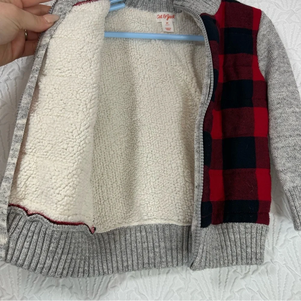 Boys Cat & Jack Buffalo Plaid Cable Knit Mock Neck Sherpa Lined Jacket Size 2T